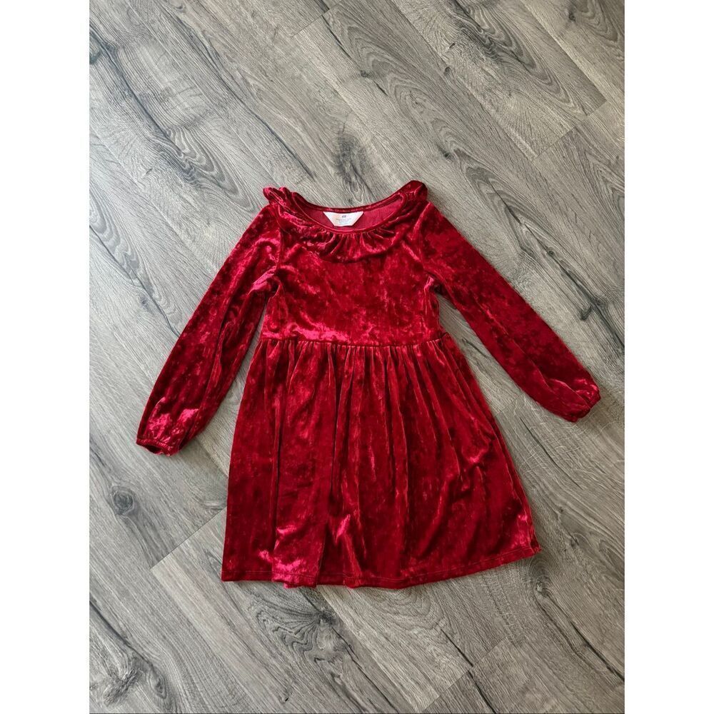 H&M Girls RedโSoft Velvet Velour Collared Dress Size 6X /7